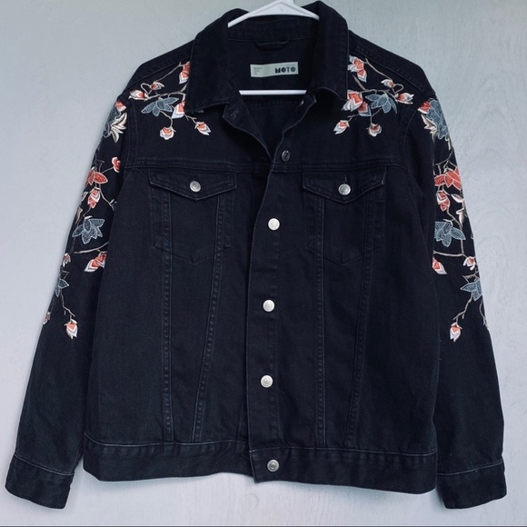 Topshop Black Denim Jacket w/ Bird Embroidery - Picture 1 of 7